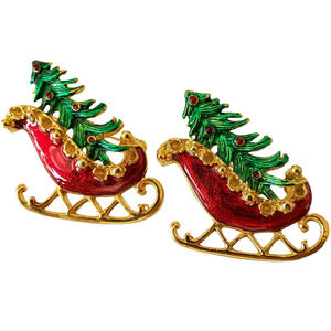 Red Sleigh Brooch Set Santa Christmas Holiday Enamel Green Xmas Tree Pin